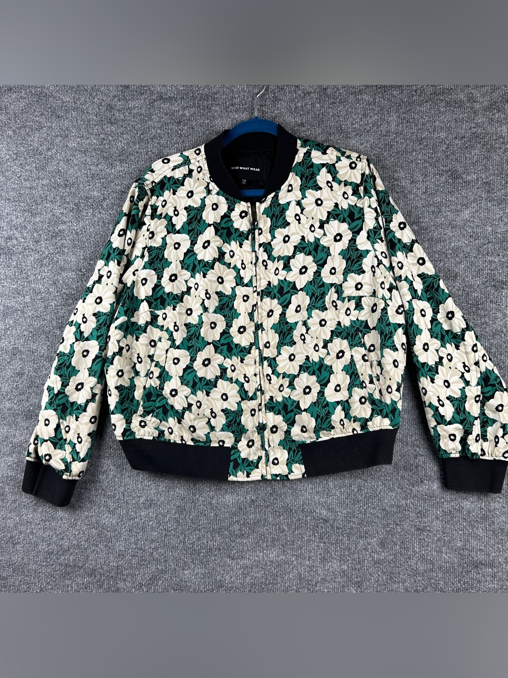 Who What Wear Green Cream Floral Lined Full Zip Bomber Jacket Size 1X Plus